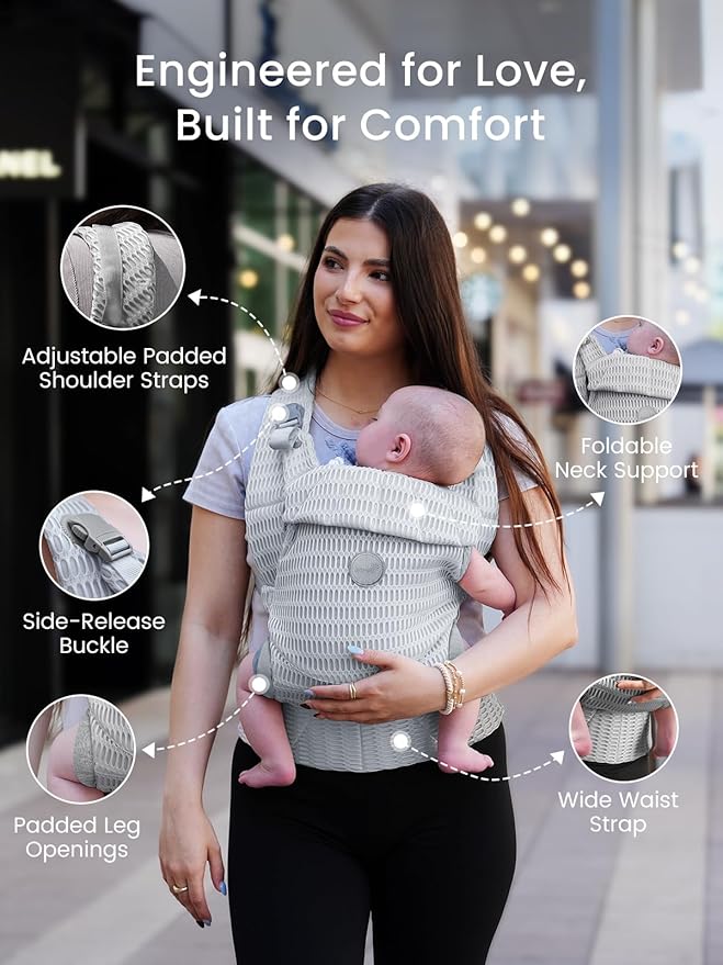 Grownsy Baby Carrier Newborn to Toddler (7-44lbs), Ergonomic & Cozy Wraps with One-Click Buckle, Mesh & Head Support for Hands-Free Comfort, Silver Gray