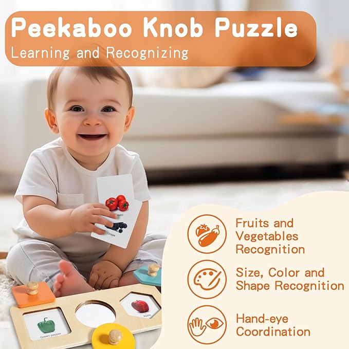Montessori Toys for Babies 6-12 Months - 3 in 1 Baby Toys Play Kit - Medium Spinning Drum - Baby Tissue Box Toy - Peekaboo Knob Puzzle with Cards - Learning Educational Toy for Boys and Girls
