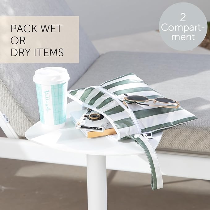 Roamio Waterproof Wet Dry Clutch Bag for Baby, Travel, Swim Suit, Cloth Diaper, Pump Parts, Pool, Gym Clothes, Beach, Toiletry, Hook to Stroller, Pack for Daycare, Zip Bag, Packing Pouch, Green Stripe