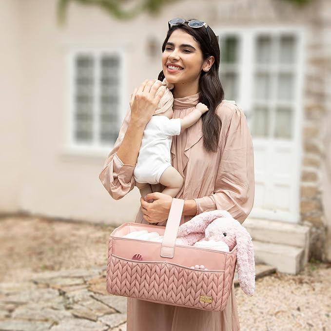 Luxurious Baby Diaper Caddy, Nursery Storage Basket for Newborn Boy and Girl, Travel Baby Basket for Diapers Baby Wipes, Organizer Tote Bag Storage Bin, Baby Shower Gifts(dusty rose)