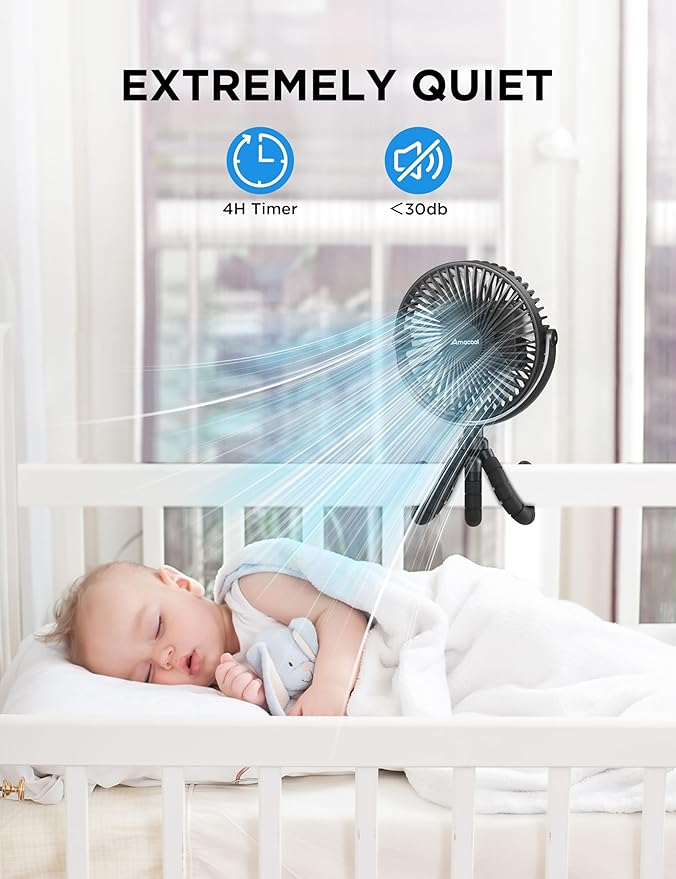 AMACOOL Baby Stroller Fan, 10000mAh Rechargeable, 50H Ultra-long Runtime, 3-Speed Portable Clip on Fan with LED Light, Timer, 360°Rotate Battery Operated Fans for Travel Car Seat Crib