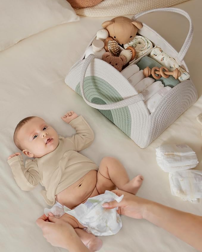 Blissful Diary Baby Diaper Caddy Organizer, Cotton Rope Diaper Caddy Basket, Large Storage Basket for Newborn Boys and Girls, Gift for Baby Shower List, Newborn Essentials, Mint Rainbow