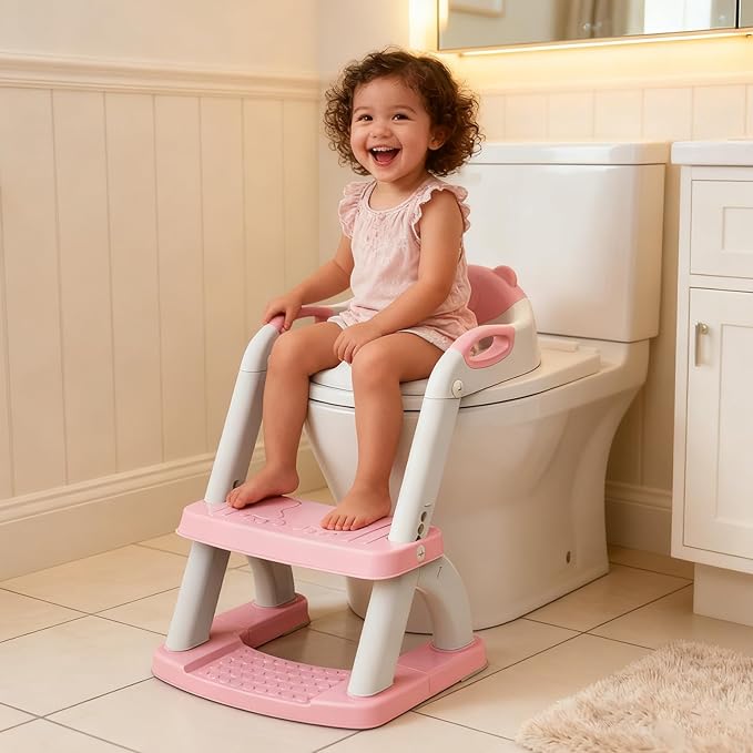 Potty Training Seat, SKYROKU Upgrade Toddler Toilet Seat for Kids Boys Girls, 2 in 1 Potty Training Toilet, Splash Guard Anti-Slip Pad Step Stool,New Sector-Shape Stabilized Base (Pink)
