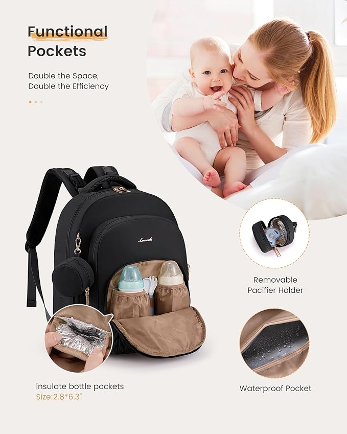LOVEVOOK Diaper Bag Backpack, Baby Bag with Changing Pad for Mom Dad, Large Waterproof Mommy Bag with Stroller Buckles, Travel Essential with Pacifier Case & Insulated Bottle Pockets, Black