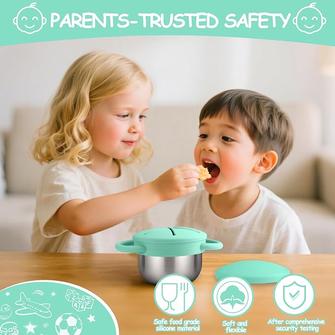 Mity rain 1 Pack Stainless Steel Snack Containers for Toddlers with Spill-Proof Silicone Lids & Handles - 3-in-1 Baby Snack Cups, No-Spill Toddler Snack Box, Perfect for On-the-Go Healthy Eating