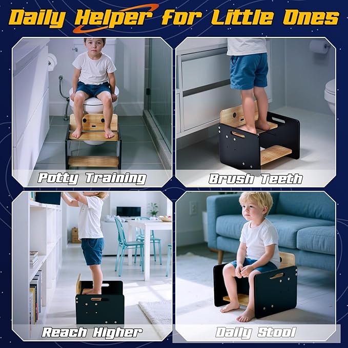 COSYLAND Kids Step Stool for Bathroom - Lovely Robot Shaped Potty Training Stool Toddler Step Stool for Toilet - Adjustable Height Kids Stepping Stool with Handle (Natural & Black)