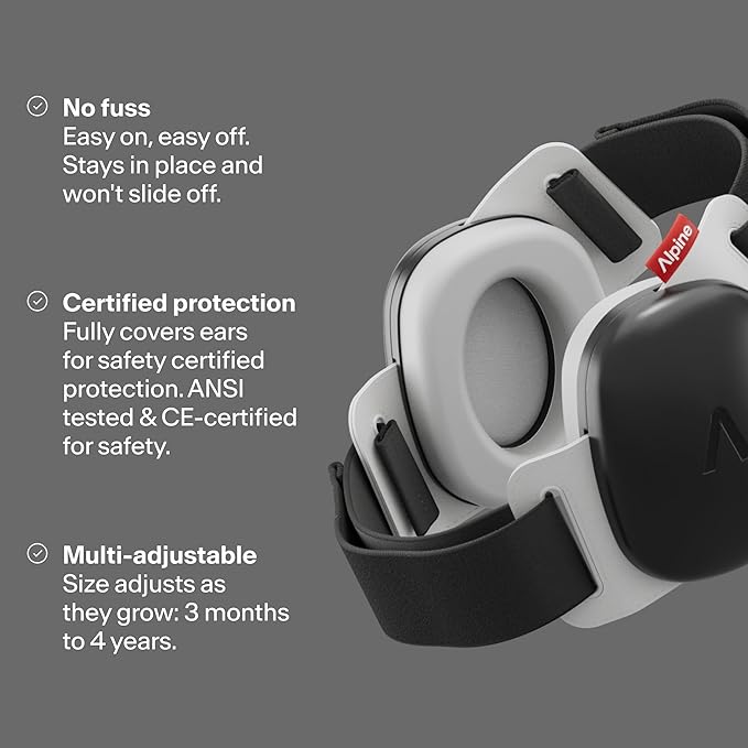 Alpine Muffy Baby Comfort - Protects Hearing for Babies and Toddlers - CE & ANSI Certified - Unique Headband for Safe fit & Comfort - Multi-adjustable for Ages 3-48 Months, 24dB Sound Reduction, Black