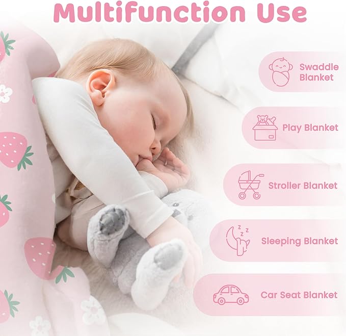 Strawberry Minky Baby Blanket 30 x 40 Inches for Girls, Soft Plush Receiving Blanket with Dotted Back, Gift for Toddler Newborn Infant Christmas Birthday Baby Shower