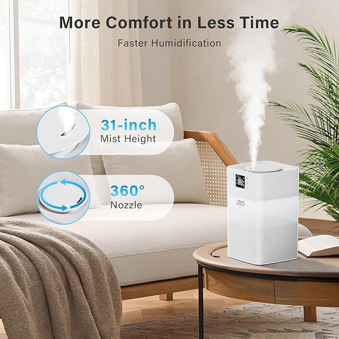 JRD 4L Humidifiers for Bedroom, Cool Mist Humidifier for Large Room, 40H Runtime, 24H Timer, 10 Mist Levels, 360° Nozzle, Night Light for Home, Office, Baby Nursery, Plants(White)