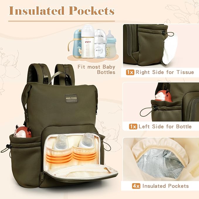 miss fong Diaper Bag Backpack - Baby Diaper Bag Neoprene Bag Large Capacity Neoprene Backpack with Diaper Changing Pad with 12 Pockets for Mom & Dad -Green