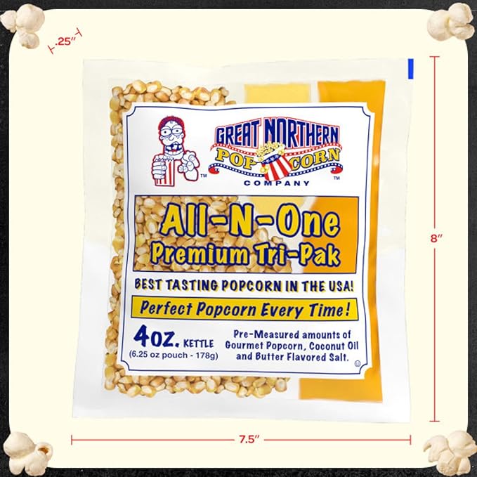 4oz Popcorn Machine Popcorn Packets - Pre-Measured, Movie Theater Style, All in One Gourmet Pop Corn Kernels for Popping with Butter Flavored Salt and Oil by Great Northern Popcorn (40 Case)
