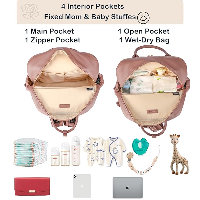 Leather Diaper Bag Backpack for Women with Multiple Pockets,Laptop Compartment and Changing Pad.