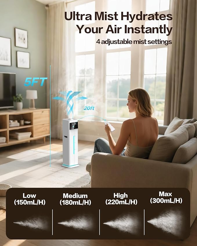 Cool Mist Humidifiers for Bedroom, Ultrasonic 2.4Gal 9L Quiet Top-Fill, Easy Clean with Essential Oil Tray, 360°Nozzle, 4 Speed, Remote, 60H Runtime, for Baby, Adults, Plants, Home, House, Large Room