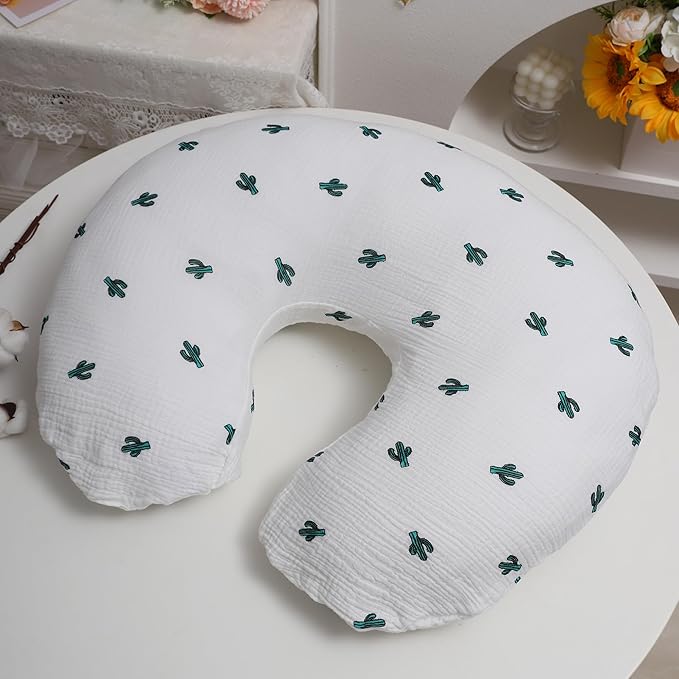 Onacosht Muslin Nursing Pillow Cover 2 Pack 100% Cotton Ultra Soft Breastfeeding Pillow Covers for Baby Boy and Girl, Cactus and Green