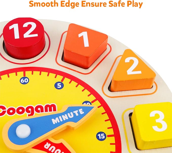 Coogam Wooden Shape Color Sorting Clock – Teaching Time Number Puzzle Stacking Sorter Jigsaw Montessori Early Learning Educational Toy Gift for Year Old Kids