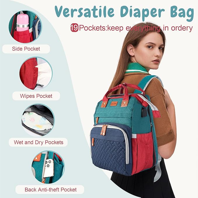 JOYCE Diaper Bag, with Diaper Changing Station, Multi-functional Large-capacity Diaper Bag Backpack, Best Gift for Newborns, Travel Essentials Diaper Bag Backpack (Blue-Green)
