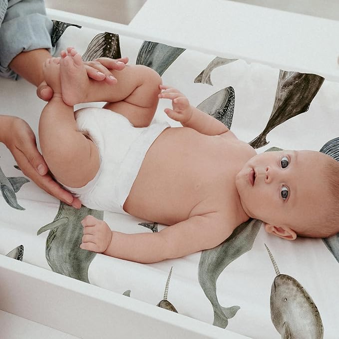 Gllquen Baby Bassinet Sheets 4 Pack, Breathable Cozy Fitted Mattress Sheet, Elastic Travel Crib Fashionable Pattern, Standard Cradle Safe Sheets for Baby Boys Girls 32"x16" (Marine)