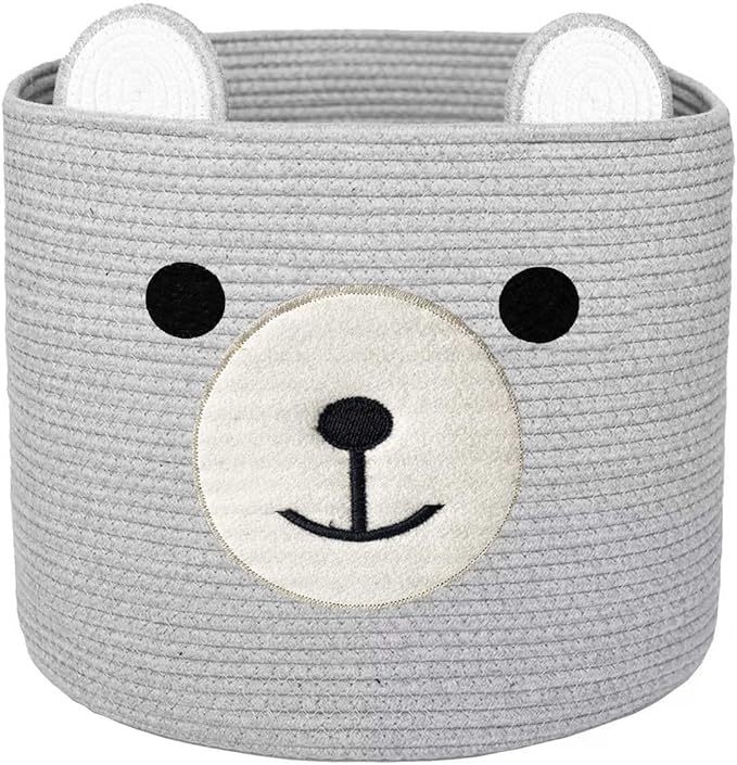 Bear Laundry Baskets Laundry Hamper Storage Baskets with Handles,Decorative Basket for Living room,Woven Storage Basket for Toys Bin Pillows Blankets Clothes (Grey - Version 2)