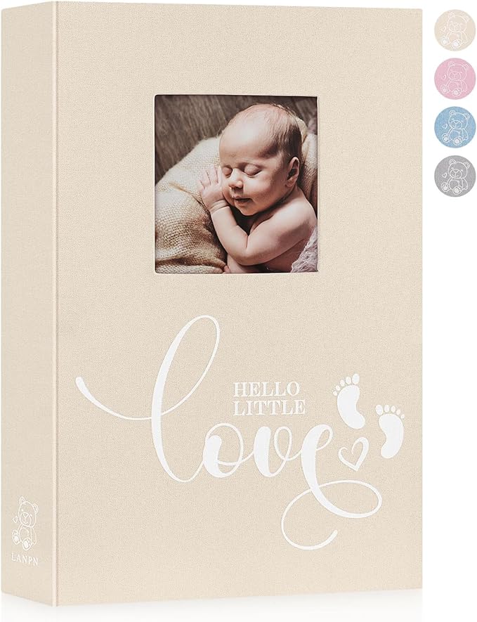 Lanpn Baby Photo Album 4x6 300 Pockets, Linen Hardcover Newborn Memory Book with Memo Writing Area, Bebe Photobook, Slip-in Picture Book, Ultrasound Album Keepsake Gifts for Girl Baby Shower Beige