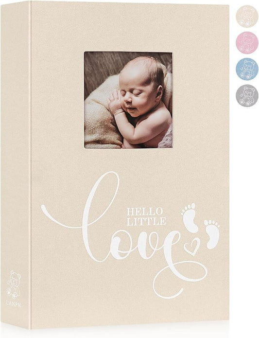 Lanpn Baby Photo Album 4x6 300 Pockets, Linen Hardcover Newborn Memory Book with Memo Writing Area, Bebe Photobook, Slip-in Picture Book, Ultrasound Album Keepsake Gifts for Girl Baby Shower Beige