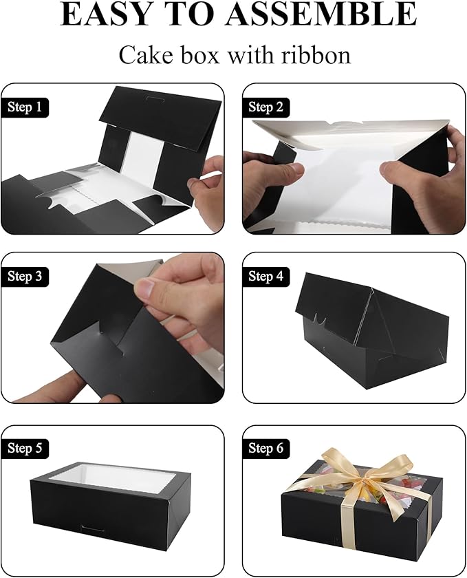 COTOPHER 30Pcs Cookie Boxes with Ribbons, 9x6x3 Inch Bakery Boxes with Window, Black Treat Containers for Pastries, Chocolate Covered Strawberries, Dessert, Easter Candy, Muffins, Donuts