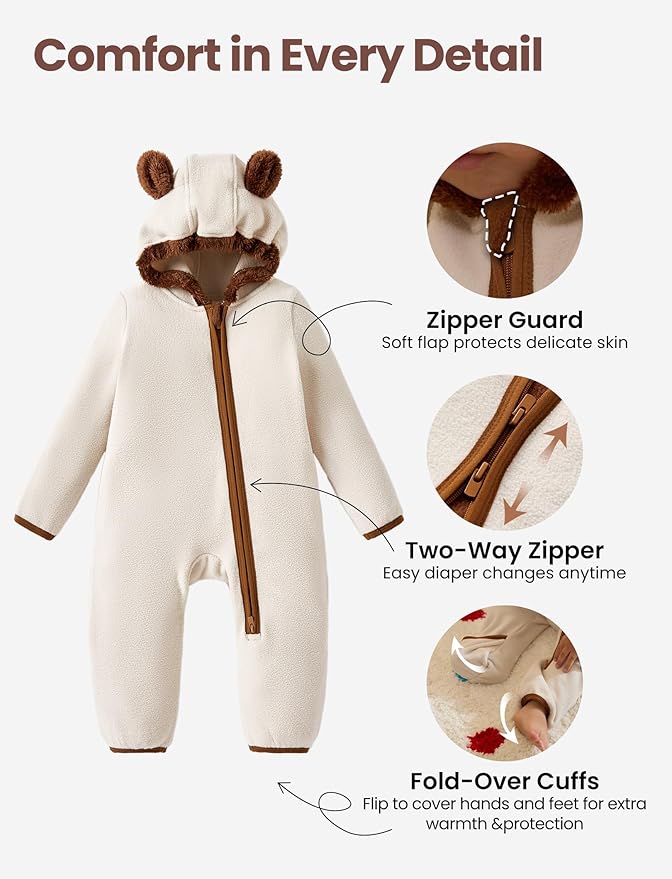 PATPAT Fleece Hooded Footed Romper Clothes, Soft Warm Footie Covers, Car Seat Friendly, Easy Zip, Cute Boy Girl