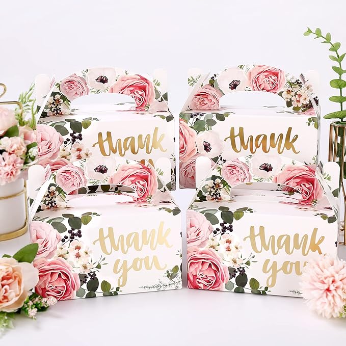 SOSFKIM Gable Treat Boxes Large 12 Pack - Floral Party Favor Boxes Bulk Embossed Gold Foil - Goodie Gable Boxes for Baby Shower, Wedding, Birthday 6.3x3.5x3.5 Inch