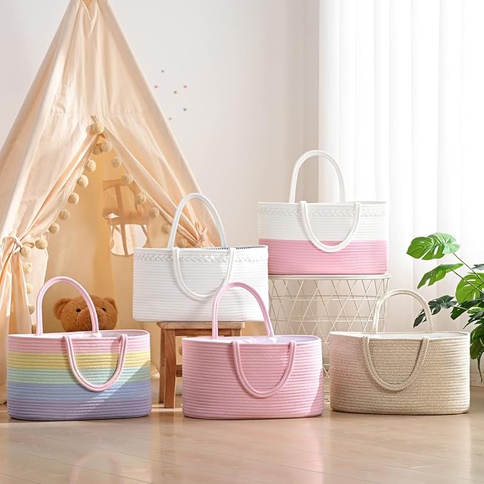 Baby Diaper Caddy Organizer, Cotton Rope Diaper Basket, Changing Table Storage Caddy With Removable Divider, Baby Basket for Nursery, Car, Diapers, Baby Shower Gifts for Newborn