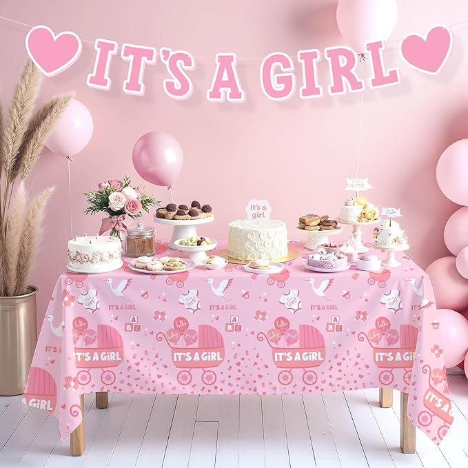 Baby Girl Shower Decorations for 24 Guests - It’s A Girl Decorations Kit Including Disposable Plates, Napkins, Cups, Tablecloth & Banner for Baby Shower Decorations Girl