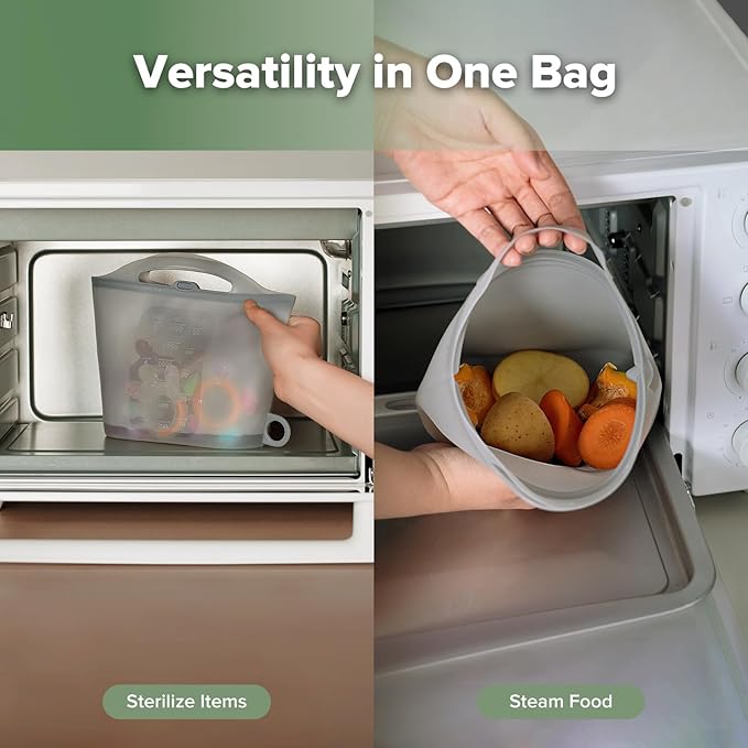Haakaa On-The-Go Silicone Microwave Steam Sterilizer Bags for Travel, 50oz/1500mlReusable Silicone Steaming Bags for Baby Bottles, Breast Pump, Accessories, Pacifiers, Teethers,Grey/2PCS