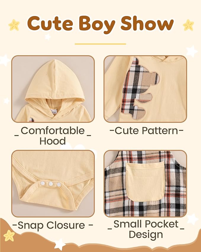 NZRVAWS Baby Boy Clothes Newborn Outfits Infant Romper Fall Winter Hoodie Pocket Pants Overalls Set NB-18M