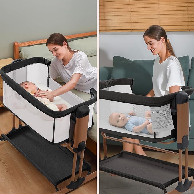 3 in 1 Baby Bassinet, Rocking Bassinets with Comfy Mattress and Wheels, Adjustable Height Bassinet Bedside Sleeper, Easy Folding Portable Crib for Newborn (Black)