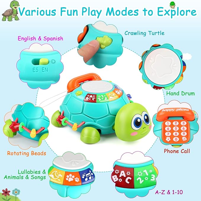 Bilingual Musical Turtle Baby Toys 6 to 12 Months, Development Toy for 6 7 8 9 Month Old Boy Girl, 8-in-1 Educational Crawling Infant Gifts, Christmas Baby Gift for 3 4 5 9-12 Mo.