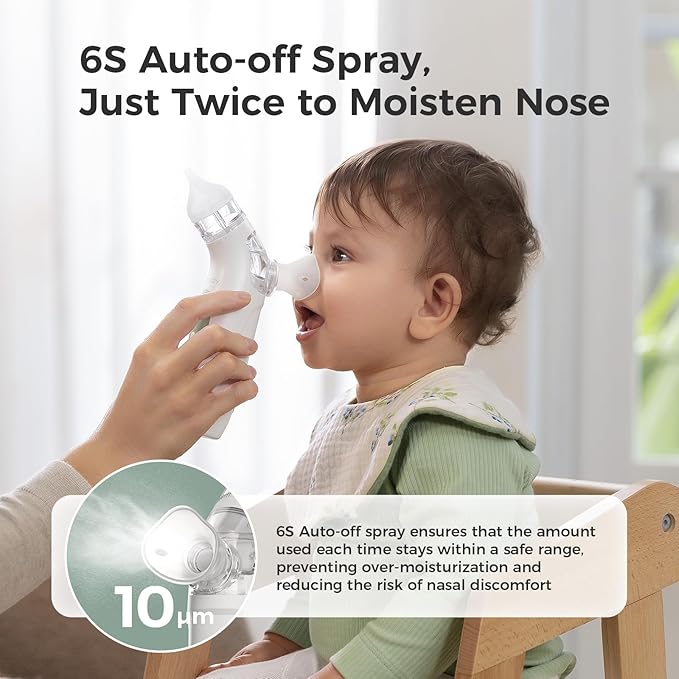 Momcozy BreezyClear™ 2-in-1 Electric Nasal Aspirator for Baby with Spray, 65kPa Hospital-Grade Suction, 4 Adjustable Levels, Quiet & Portable Nose Cleaner with Soothing Light & Music