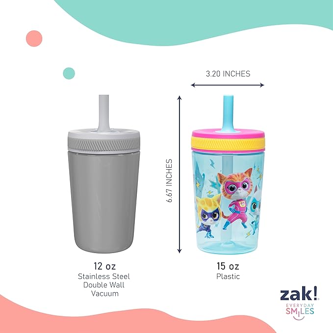 Zak Designs Disney SuperKitties Kelso Toddler Tumblers For Travel or At Home, 15oz 2-Pack Durable Plastic Sippy Cups With Leak-Proof Design is Perfect For Kids (Ginny, Sparks, Buddy, Bitsy)