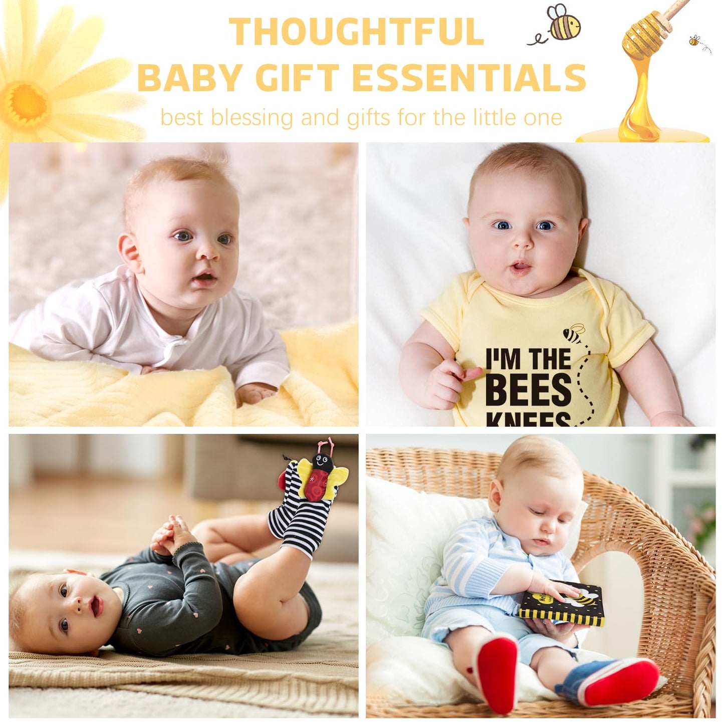 iAOVUEBY Baby Gift Set, Baby Shower Gifts, Black and White High Contrast Baby Toys 0-6 Months for Newborn Essentials Infant Rattle Socks Elephant Toys Blanket Onesies Baby Gift Basket for Girls Boys