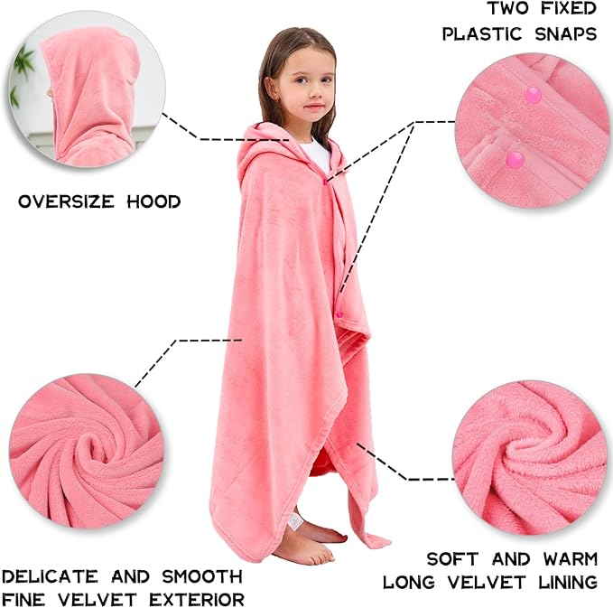 Hiturbo Kids Fleece Hooded Bath Towel: Soft Plush Pool Beach Towel Blanket - 50"x30" Toddler Towels Wrap for Boys Girls 3-12 Years (Pink)