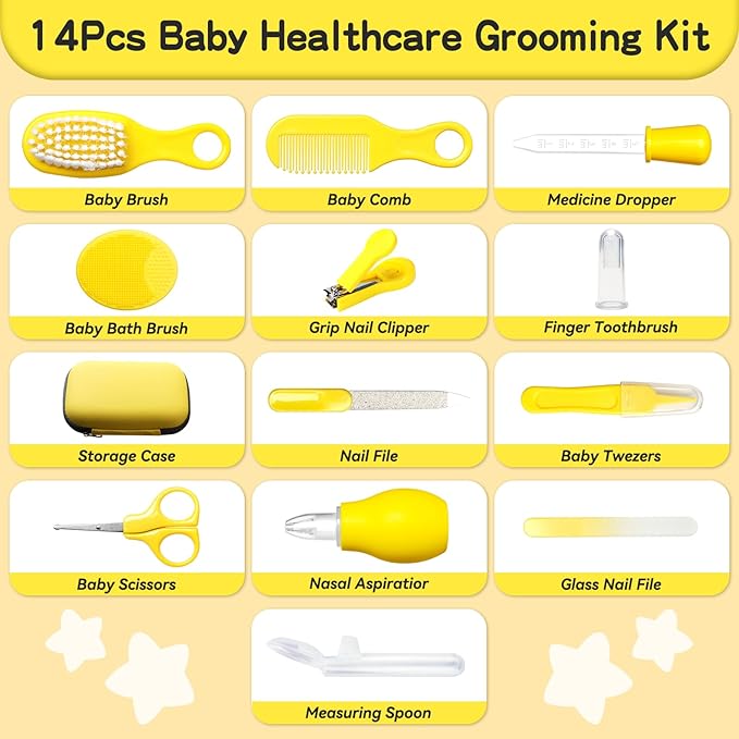 Baby Healthcare and Grooming Kit, 14 in 1 Baby Safety Set Newborn Nursery Health Care Set with Hair Brush Scale Nail Clippers for Baby Girls Boys(14 Kits Yellow)