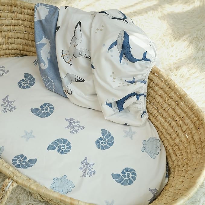 Gllquen Baby Bassinet Sheets 4 Pack, Breathable Cozy Fitted Mattress Sheet, Elastic Travel Crib Fashionable Pattern, Standard Cradle Safe Sheets for Baby Boys Girls 32"x16"(Ocean Wander)