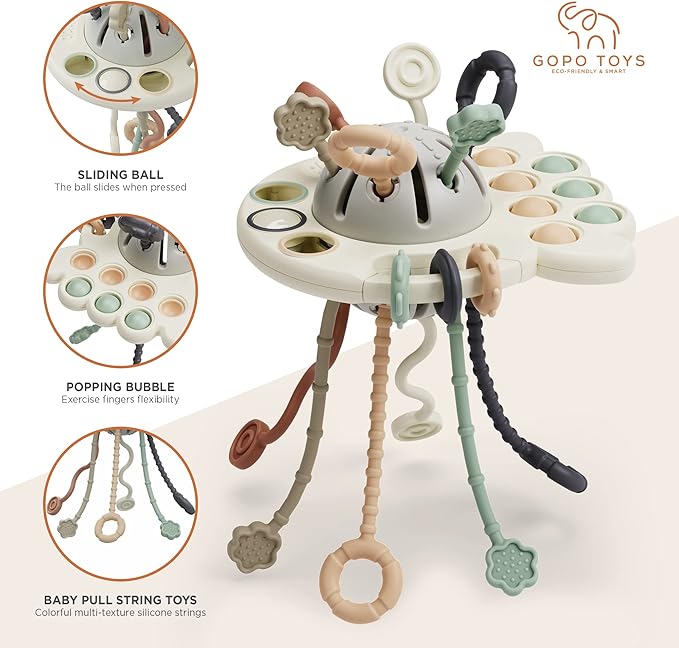 GOPO TOYS Baby Airplane Toys – Montessori Silicone Pull String Fidget for Babies 18 Months+ – Travel Toy for Plane, Car, and Stroller – Teether & Sensory Play