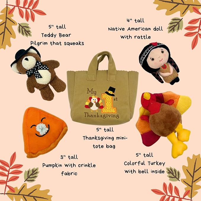 Genius Baby Toys The Original My Baby's First Thanksgiving Playset with Turkey, Teddy Bear, Pumpkin Pie, Native American Girl