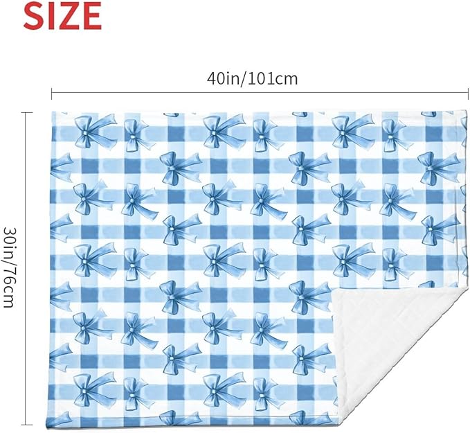 Baby Blanket Blue Bows Check for Boy Girl Newborn 30x40 Inch Toddler Infant Nursery Throw Blankets Double Layer Comfy Soft Plush Stroller Crib Quilt