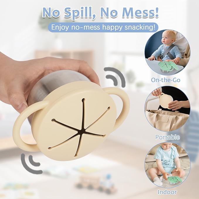 2 Pack 304 Stainless Steel Snack Cups for Toddlers, Toddler Snack Containers with Spill-Proof Silicone Travel Lid & Handle, Dishwasher Safe, Removable Snack Cup for Baby, Toddler, Kids