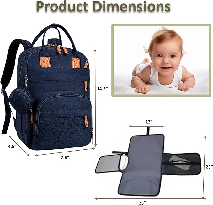 Baby Diaper Bag Backpack - Large Bag for Boys & Girls, with Changing Pad & Pacifier Case, Large Capacity with Insulated Pockets, Waterproof, with Stroller Straps, Unisex - Navy Blue