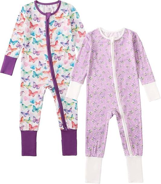 OPAWO Viscose from Bamboo Baby Pajamas Girl 2pack Mittens Cuff 2 Way Zipper Soft Footless Sleeper Baby Boy One-Piece Romper