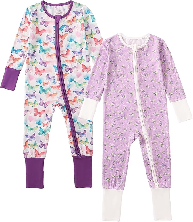 OPAWO Viscose from Bamboo Baby Pajamas Girl 2pack Mittens Cuff 2 Way Zipper Soft Footless Sleeper Baby Boy One-Piece Romper