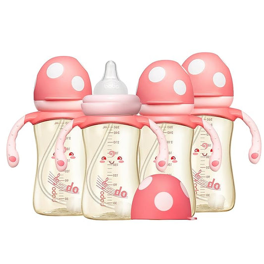 YOHKOH Natural PPSU Baby Bottle with Natural Response Nipple, Newborn Anti-Colic Baby Bottles with Handle, Wide Neck Mushroom Cap Baby Bottle (8.8oz (Pack of 4), Red1)