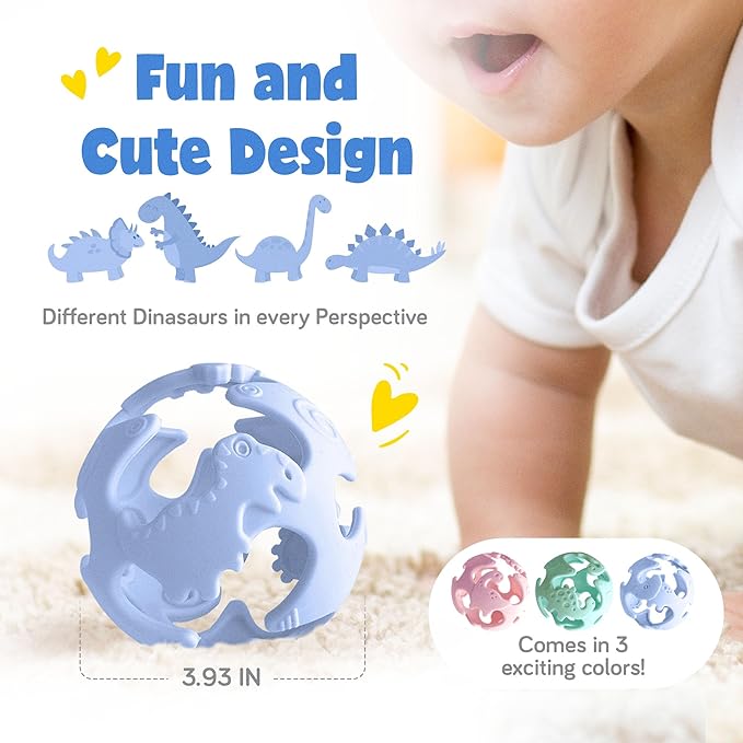 Dinosaur Teething Toys: Lightweight Soft Silicone Sensory Toys - Textured for Babies 0-18 Months - Easy to Clean, BPA-Free - Blueberry Blue