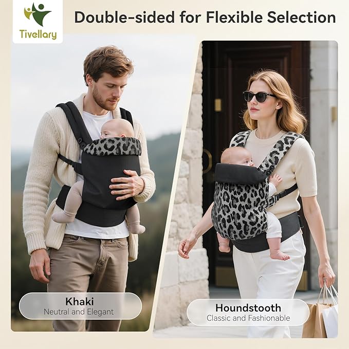 Reversible Baby Carrier – Black Solid & Leopard Print; Lightweight, Cooling & Breathable Lyocell Fabric; Ergonomic Lumbar Support and Quick Hands-Free Wear for Newborn to Toddler (7–44 lbs)