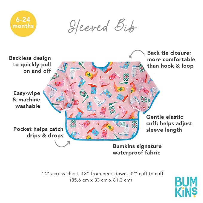 Bumkins Sleeved Baby Bib – Long Sleeve Waterproof Fabric Feeding Smock with Crumb Catcher Pocket, Adjustable Toddler Apron for Baby Led Weaning, Comfortable for Ages 6–24 Months, Cowgirl Boots 2-pack